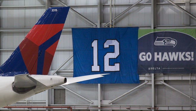 A Delta hangar in Seattle shows support for the Seahawks football team a few days before Super Bowl XLIX.