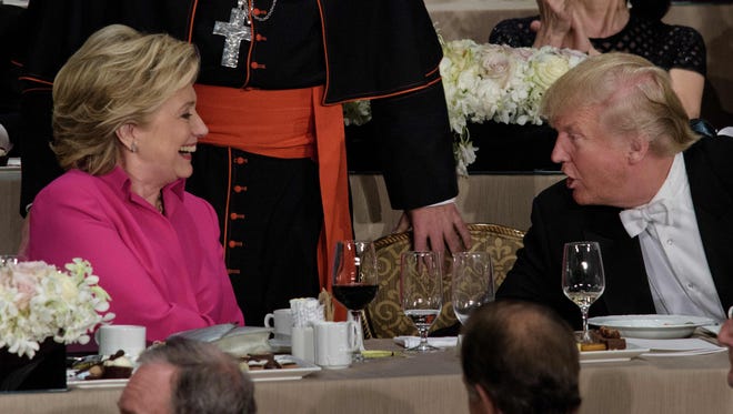 Hillary Clinton and Donald Trump attend the Alfred E. Smith Memorial Foundation Dinner on Oct. 20, 2016, in New York.