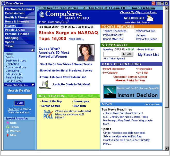 New CompuServe 2000 internet home page.