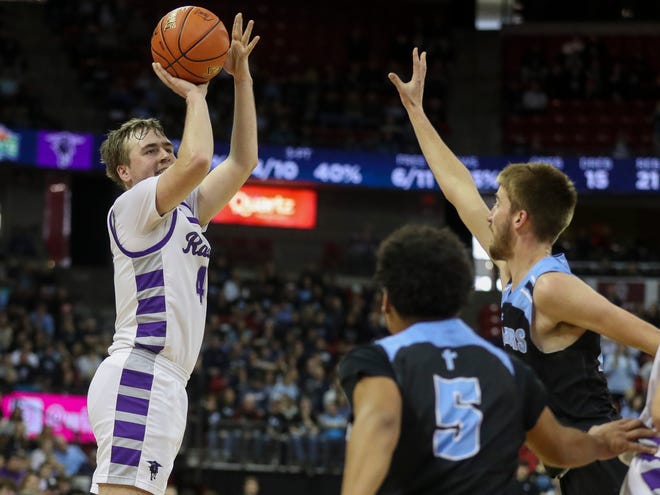 Kiel High School's Jack Heckmann (40) shoots the ball against Lakeside Lutheran High School in a Division 3 quarterfinal game during the WIAA state boys basketball tournament on Thursday, March 14, 2024 at the Kohl Center in Madison, Wis. Lakeside Lutheran won the game, 57-55.