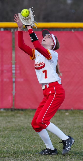Divine Savior Holy Angels right fielder Lauren Josetti (7) makes a catch during the game at Sussex Hamilton on Tuesday, April 9, 2024.