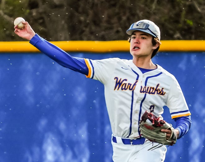 Germantown right fielder Doug Wagner (2) throws one back during the game at home against Menomonee Falls on, Friday, April 12, 2024. Menomonee Falls won 5-0.
