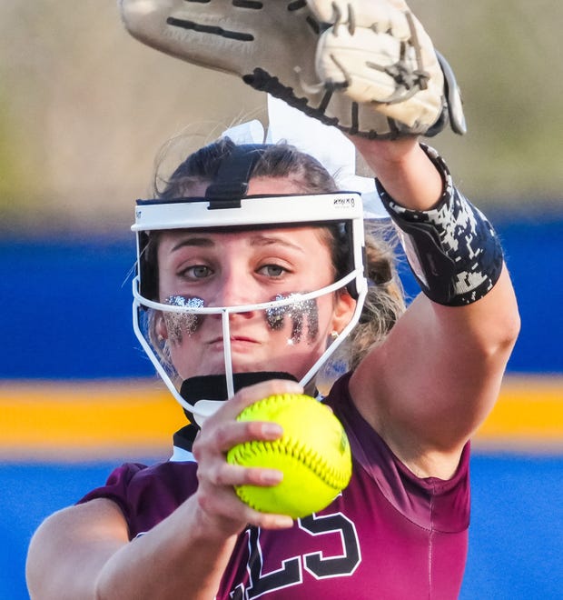 Menomonee Falls' Kaeley Niemiec (50) winds up during the game at Brookfield Central, Monday, April 15, 2024.
