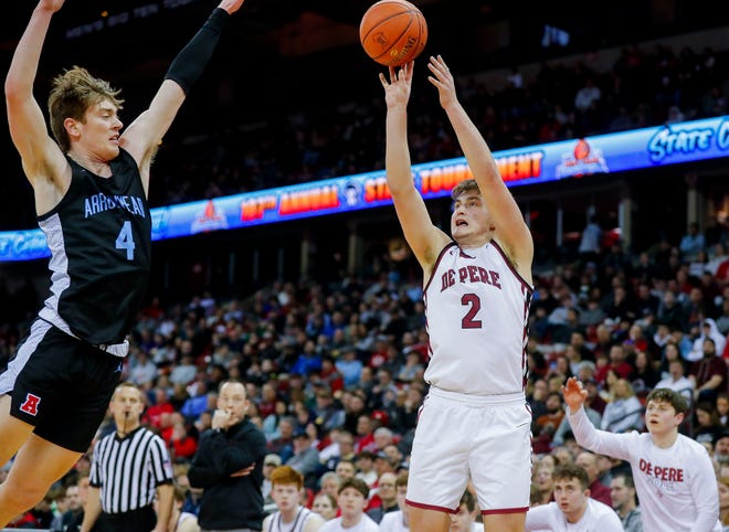 De Pere High School's Gabe Herman (2) shoots a 3-pointer against Arrowhead High School during the WIAA Division 1 boys basketball state championship game on Saturday, March 18, 2023, at the Kohl Center in Madison, Wis. De Pere won the game, 69-49, to finish the season a perfect 30-0.
Tork Mason/USA TODAY NETWORK-Wisconsin