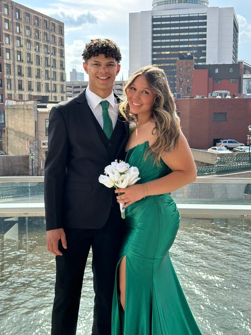 West Allis Hale's Bella Emons and her boyfriend, Menomonee Falls' Corey Johnson, take prom pictures on Saturday, April 27, 2024, at Saint Kate in downtown Milwaukee.
