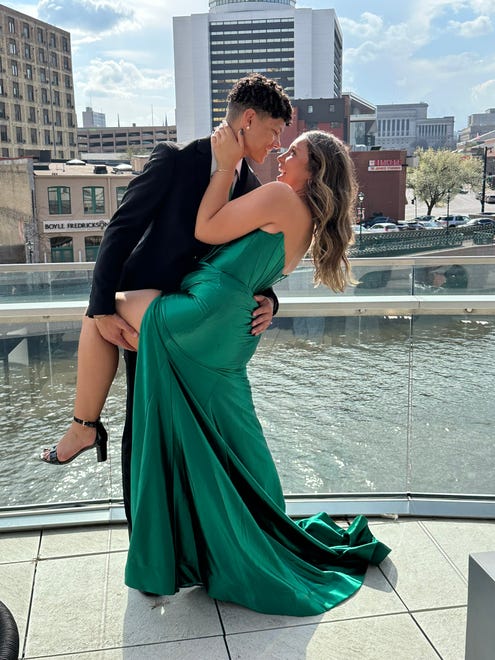 West Allis Hale student Bella Emons and her boyfriend, Menomonee Falls student Corey Johnson, share a tender moment before prom on Saturday, April 27, 2024, at Saint Kate downtown Milwaukee. Hale's prom was held at the Harley-Davidson Museum.